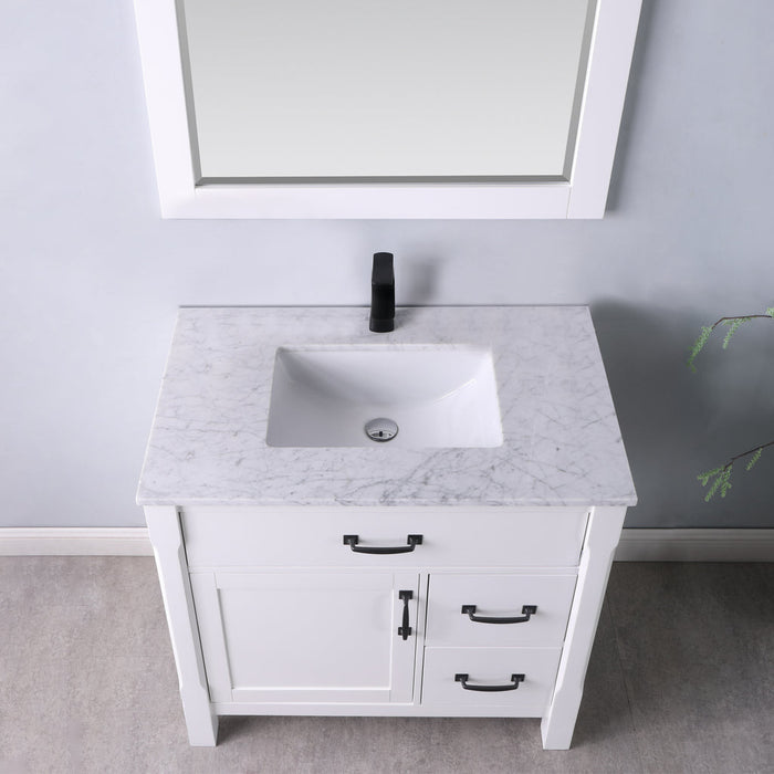 Altair Maribella 36" Single Bathroom Vanity Set in White and Carrara White Marble Countertop with Mirror 535036-WH-CA