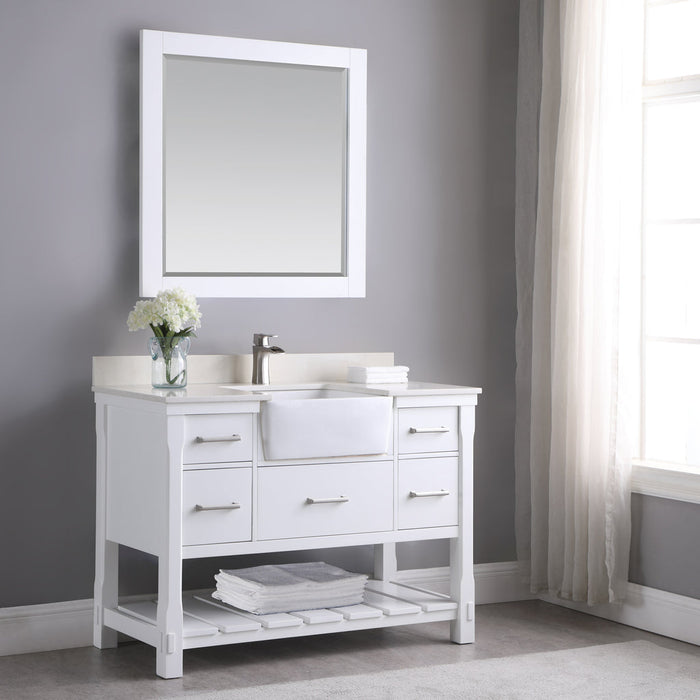 Altair Georgia 48" Single Bathroom Vanity Set in White and Composite Carrara White Stone Top with White Farmhouse Basin with Mirror 537048-WH-AW