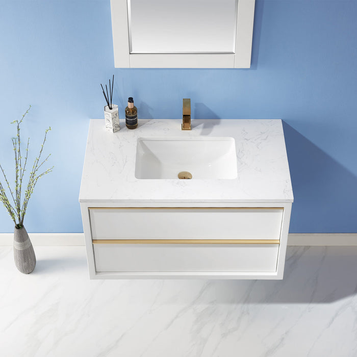 Altair Morgan 36" Single Bathroom Vanity Set in White and Composite Carrara White Stone Countertop with Mirror 534036-WH-AW