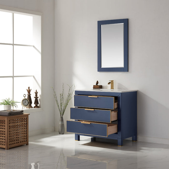 Altair Jackson 36" Single Bathroom Vanity Set in Royal Blue and Composite Carrara White Stone Countertop with Mirror  533036-RB-AW