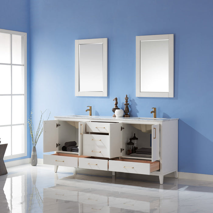 Altair Sutton 72" Double Bathroom Vanity Set in White and Carrara White Marble Countertop with Mirror  541072-WH-CA