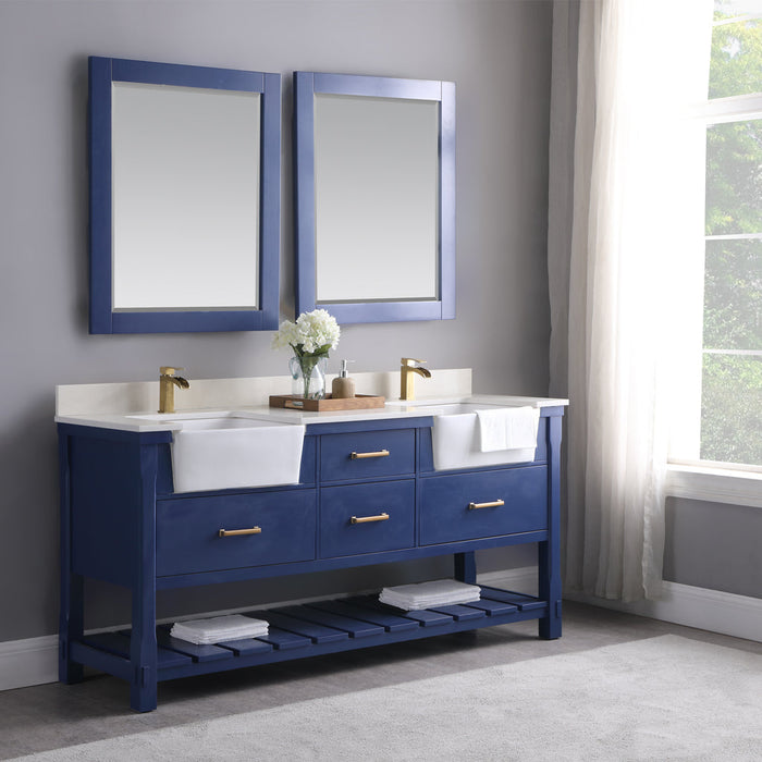 Altair Georgia 72" Double Bathroom Vanity Set in Jewelry Blue and Composite Carrara White Stone Top with White Farmhouse Basin with Mirror 537072-JB-AW