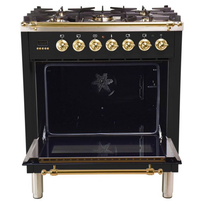 Hallman 30'' Single Oven Duel Fuel Italian Range, Brass Trim in Glossy Black HDFR30BSGB