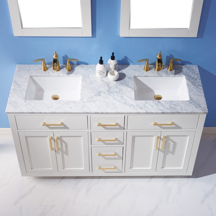 Altair Ivy 60" Double Bathroom Vanity Set in White and Carrara White Marble Countertop with Mirror 531060-WH-CA