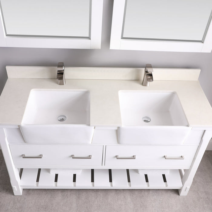 Altair Georgia 60" Double Bathroom Vanity Set in White and Composite Carrara White Stone Top with White Farmhouse Basin with Mirror  537060-WH-AW