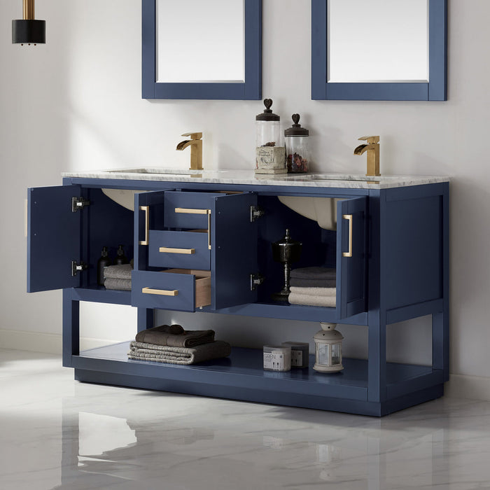 Altair Remi 60" Double Bathroom Vanity Set in Royal Blue and Carrara White Marble Countertop with Mirror  532060-RB-CA