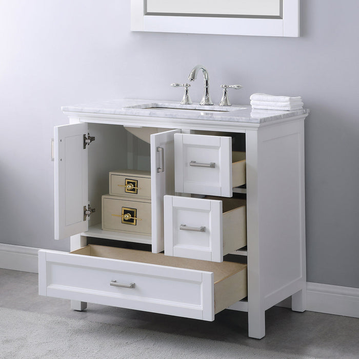 Altair Isla 36" Single Bathroom Vanity Set in White and Carrara White Marble Countertop with Mirror  538036-WH-CA