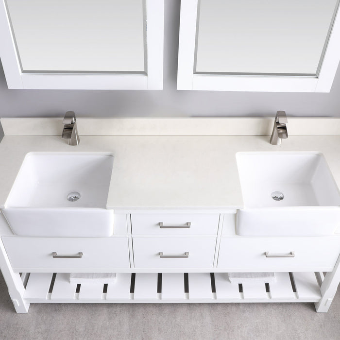 Altair Georgia 72" Double Bathroom Vanity Set in White and Composite Carrara White Stone Top with White Farmhouse Basin with Mirror 537072-WH-AW