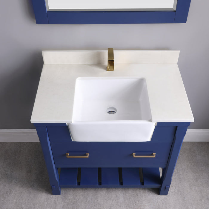 Altair Georgia 36" Single Bathroom Vanity Set in Jewelry Blue and Composite Carrara White Stone Top with White Farmhouse Basin with Mirror  537036-JB-AW