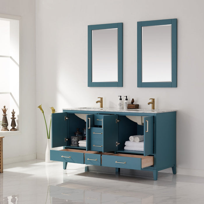 Altair Sutton 60" Double Bathroom Vanity Set in Royal Green and Carrara White Marble Countertop with Mirror  541060-RG-CA