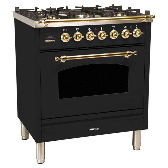 Hallman 30'' Single Oven Duel Fuel Italian Range, Brass Trim in Glossy Black HDFR30BSGB