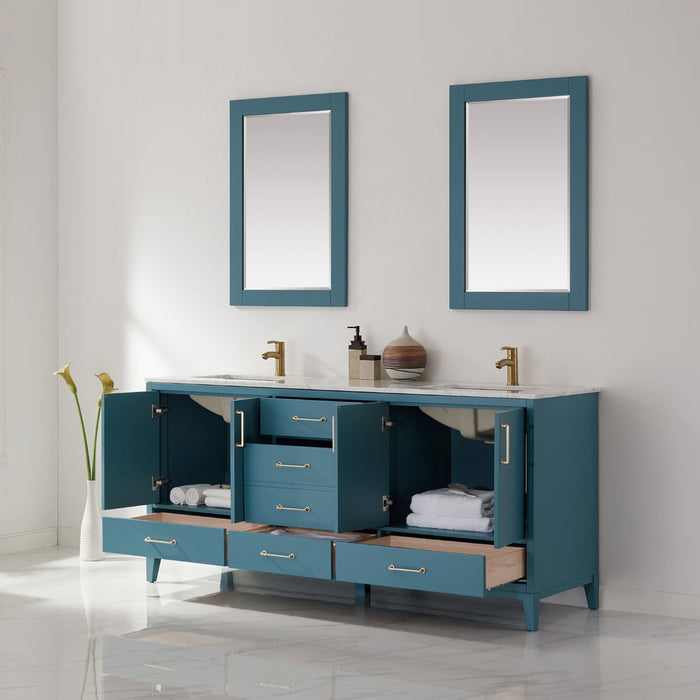 Altair Sutton 72" Double Bathroom Vanity Set in Royal Green and Carrara White Marble Countertop with Mirror 541072-RG-CA