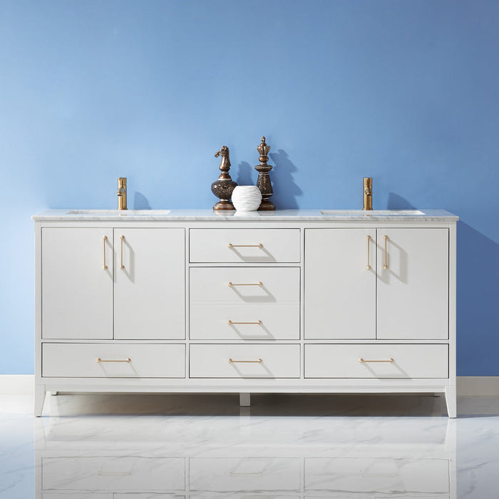 Altair Sutton 72" Double Bathroom Vanity Set in White and Carrara White Marble Countertop with Mirror  541072-WH-CA