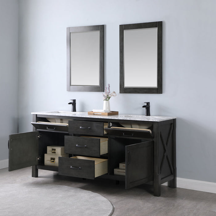 Altair Maribella 72" Double Bathroom Vanity Set in Rust Black and Carrara White Marble Countertop with Mirror  535072-RL-CA