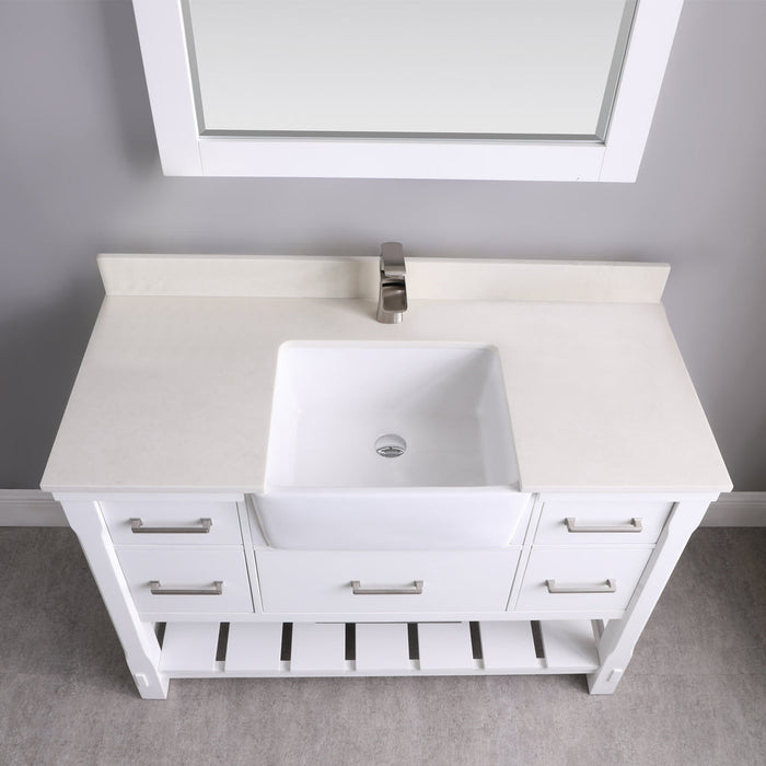 Altair Georgia 48" Single Bathroom Vanity Set in White and Composite Carrara White Stone Top with White Farmhouse Basin with Mirror 537048-WH-AW