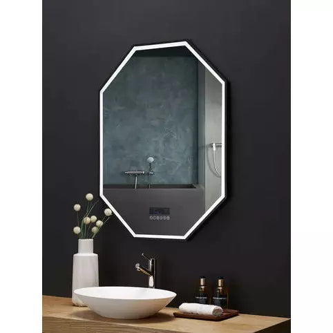 Ancerre Otto Octagon Black Framed Lighted Bathroom Vanity Mirror with Bluetooth and Digital Display