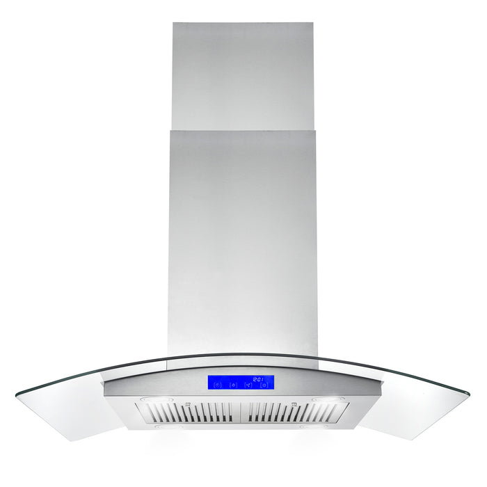 Cosmo 36" Island Range Hood with 380 CFM, 3 Speeds, Ducted, Permanent Filters, Soft Touch Controls, LED Lights, Curved Glass Hood in Stainless Steel COS-668ICS900