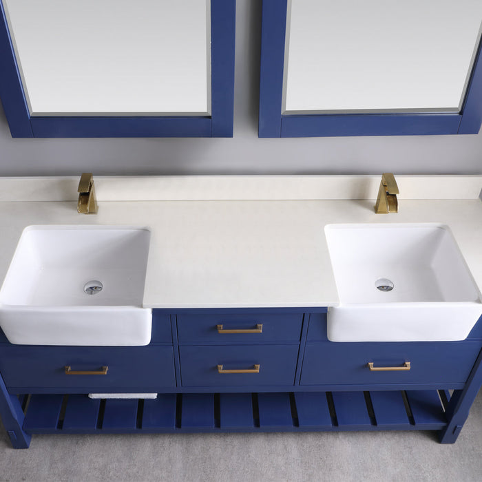 Altair Georgia 72" Double Bathroom Vanity Set in Jewelry Blue and Composite Carrara White Stone Top with White Farmhouse Basin with Mirror 537072-JB-AW