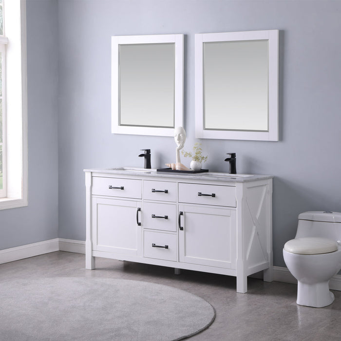 Altair Maribella 60" Double Bathroom Vanity Set in White and Carrara White Marble Countertop with Mirror 535060-WH-CA