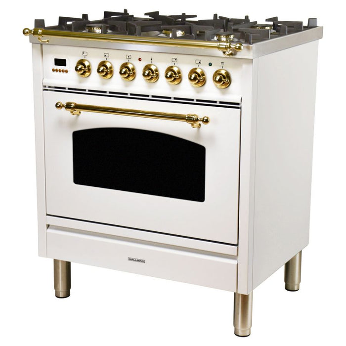 Hallman 30'' Single Oven Duel Fuel Italian Range, Brass Trim in White HDFR30BSWT