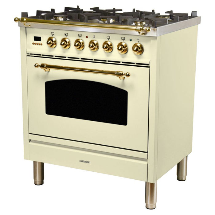 Hallman 30" Single Oven Duel Fuel Italian Range, Brass Trim in Antique White HDFR30BSAW