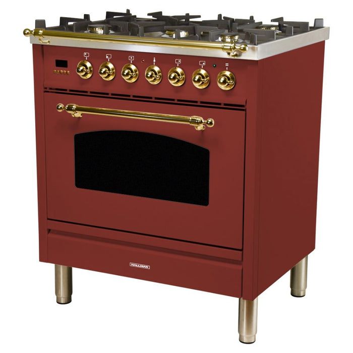 Hallman 30'' Single Oven Duel Fuel Italian Range, Brass Trim in Burgundy HDFR30BSBG