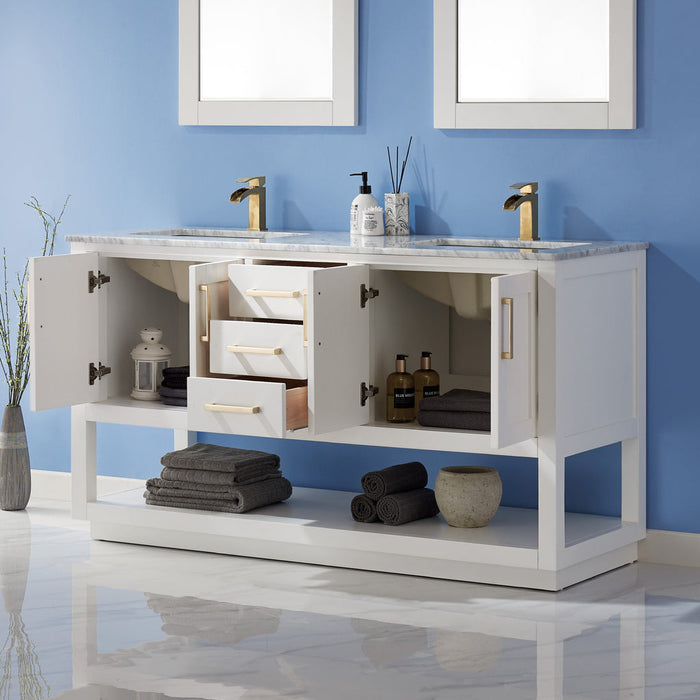 Altair Remi 60" Double Bathroom Vanity Set in White and Carrara White Marble Countertop with Mirror  532060-WH-CA
