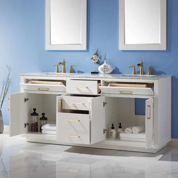 Altair Ivy 72" Double Bathroom Vanity Set in White and Carrara White Marble Countertop with Mirror 531072-WH-CA