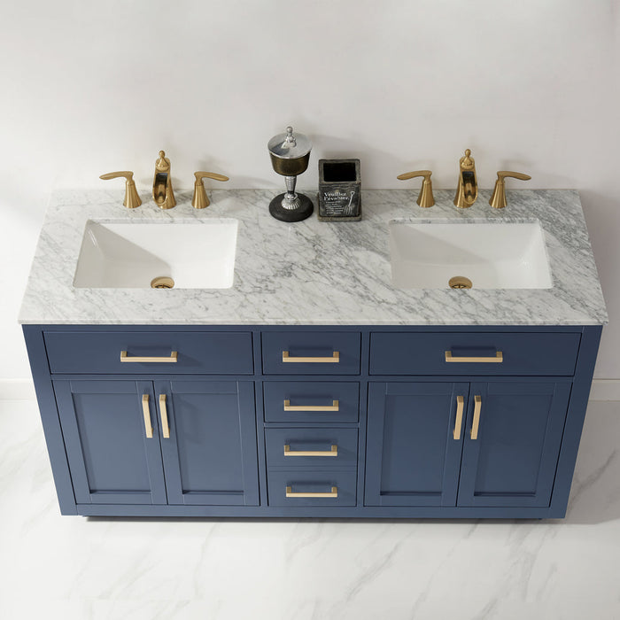 Altair Ivy 60" Double Bathroom Vanity Set in Royal Blue and Carrara White Marble Countertop with Mirror 531060-RB-CA