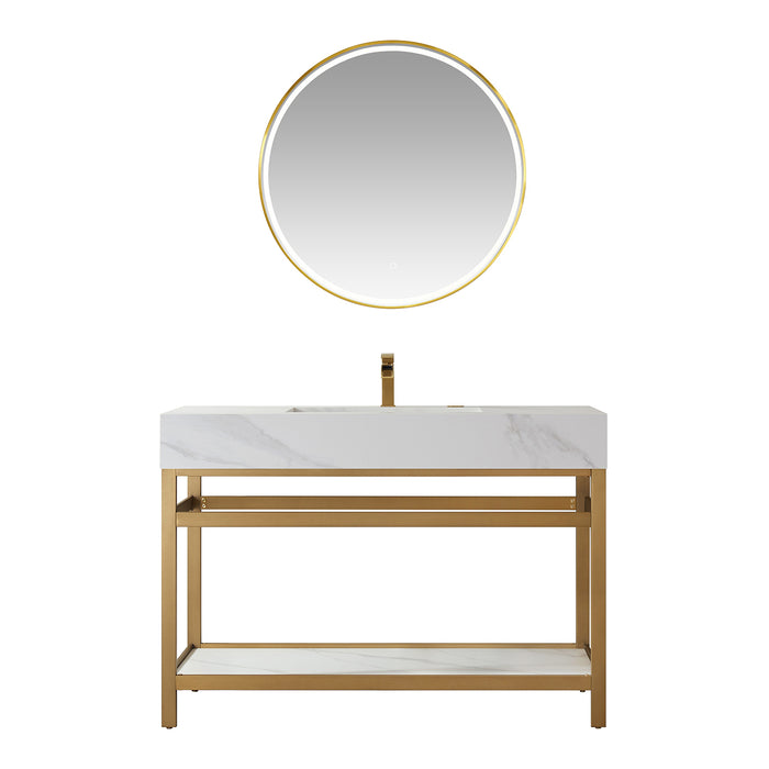 Vinnova Bilbao 48" Vanity with Brushed-gold stainless steel bracket match with Snow mountain-white stone Countertop With Mirror  701148-BG-SMB