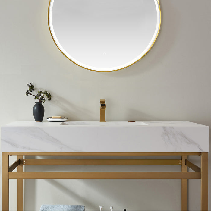 Vinnova Bilbao 48" Vanity with Brushed-gold stainless steel bracket match with Snow mountain-white stone Countertop With Mirror  701148-BG-SMB