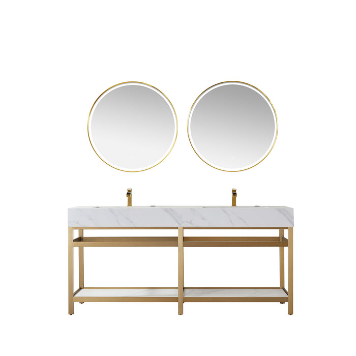 Vinnova Bilbao 72" Vanity with Brushed-gold stainless steel bracket match with Snow mountain-white stone Countertop With Mirror  701172-BG-SMB