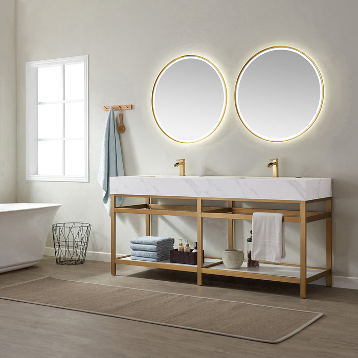 Vinnova Bilbao 72" Vanity with Brushed-gold stainless steel bracket match with Snow mountain-white stone Countertop With Mirror  701172-BG-SMB