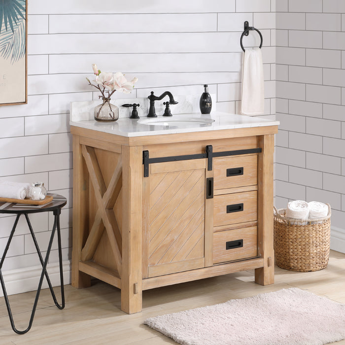Vinnova Cortes 36" Single Sink Bath Vanity in Weathered Pine with White Composite Countertop and Mirror  701736-WP-WS