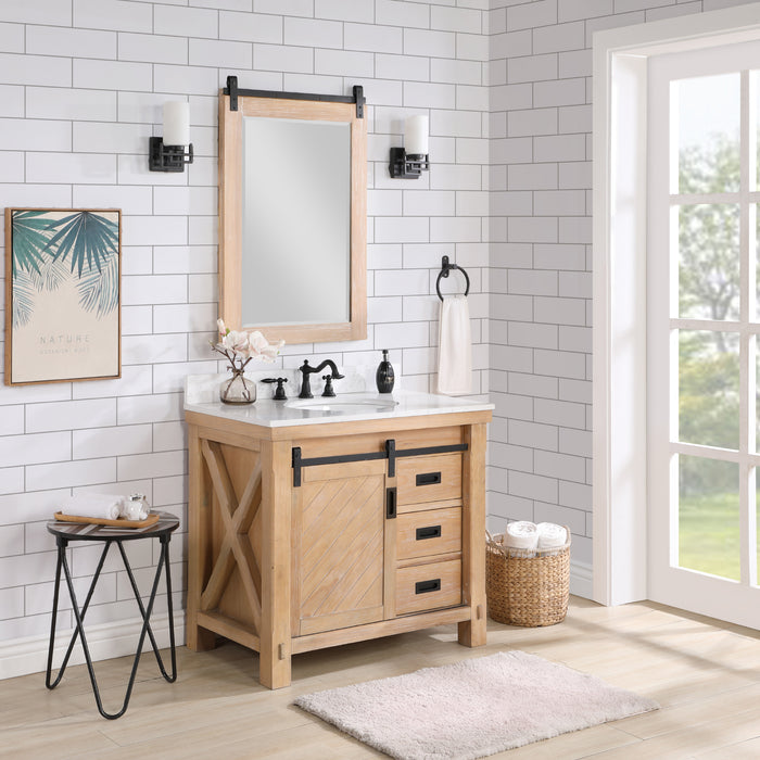Vinnova Cortes 36" Single Sink Bath Vanity in Weathered Pine with White Composite Countertop and Mirror  701736-WP-WS