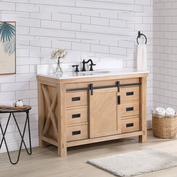 Vinnova Cortes 48" Single Sink Bath Vanity in Weathered Pine with White Composite Countertop and Mirror  701748-WP-WS