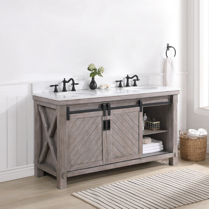 Vinnova Cortes 60" Double Sink Bath Vanity in Classical Grey with White Composite Countertop and Mirror  701760-CR-WS