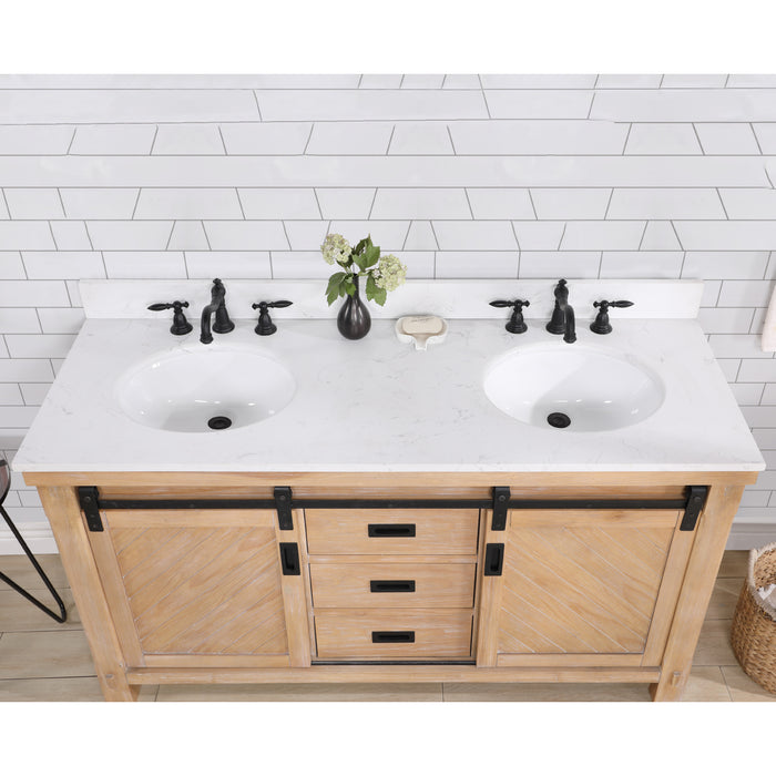 Vinnova Cortes 60" Double Sink Bath Vanity in Weathered Pine with White Composite Countertop and Mirror  701760-WP-WS