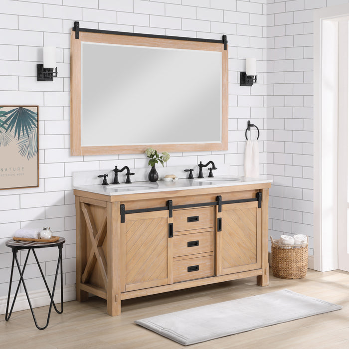 Vinnova Cortes 60" Double Sink Bath Vanity in Weathered Pine with White Composite Countertop and Mirror  701760-WP-WS
