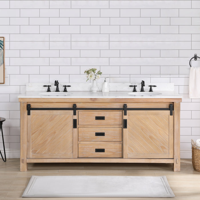 Vinnova Cortes 72" Double Sink Bath Vanity in Weathered Pine with White Composite Countertop and Mirror  701772-WP-WS