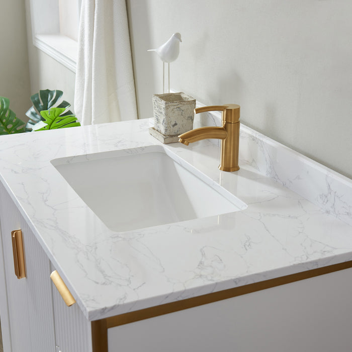 Vinnova Granada 36" Vanity in White with White Composite Grain Stone Countertop With Mirror  736036-WH-GW