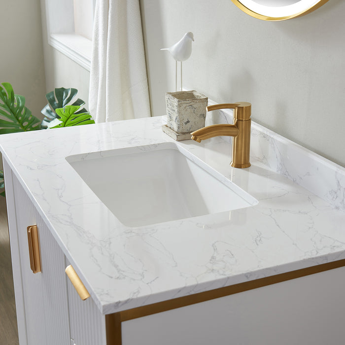 Vinnova Granada 36" Vanity in White with White Composite Grain Stone Countertop With Mirror  736036-WH-GW