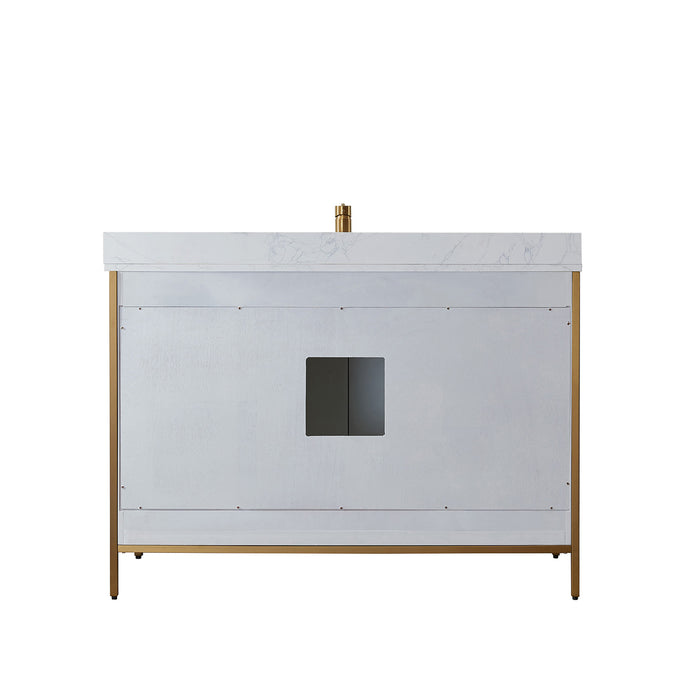 Vinnova Granada 48" Vanity in White with White Composite Grain Stone Countertop With Mirror  736048-WH-GW