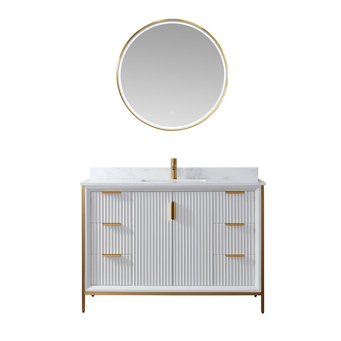 Vinnova Granada 48" Vanity in White with White Composite Grain Stone Countertop With Mirror  736048-WH-GW