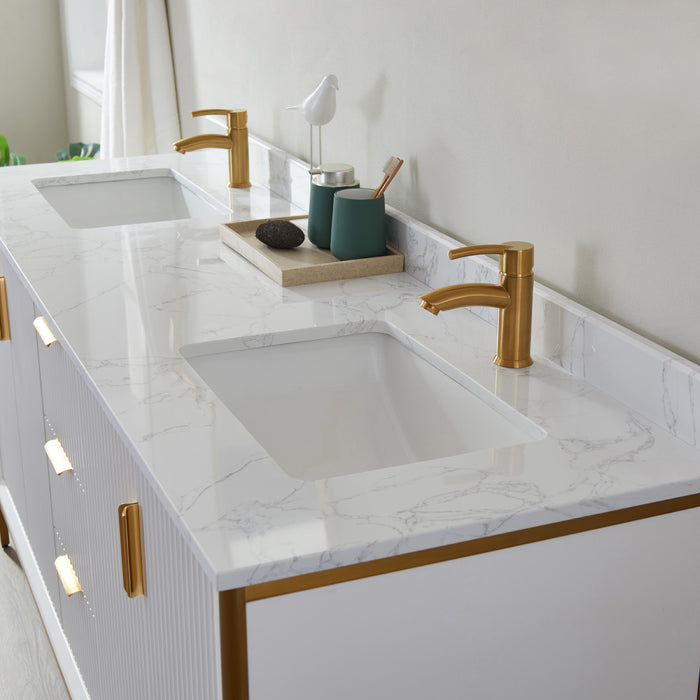 Vinnova Granada 72" Vanity in White with White Composite Grain Stone Countertop With Mirror  736072-WH-GW