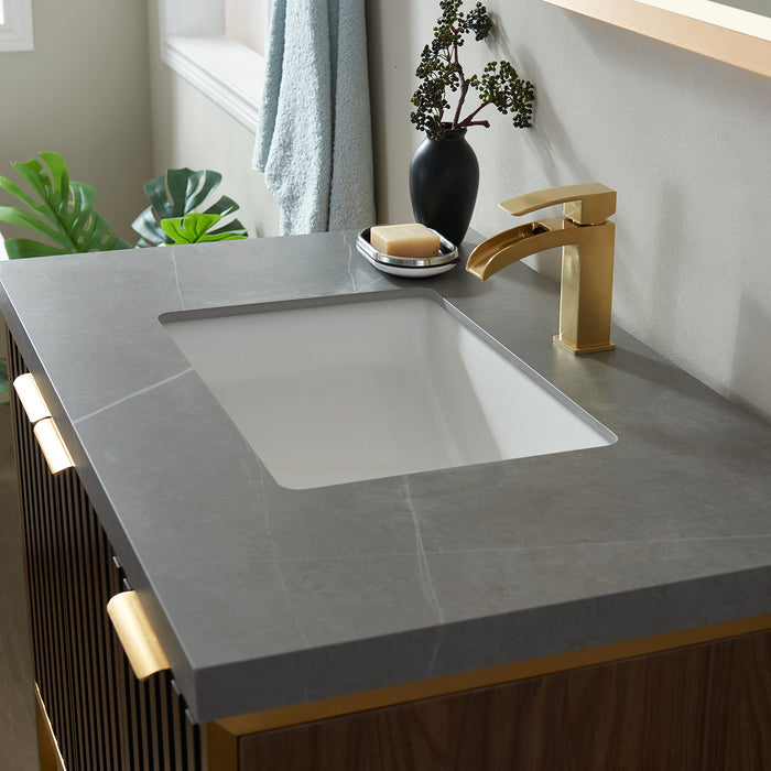 Vinnova Donostia 36" Vanity in Walnut with Grey Composite Armani limestone board stone countertop With Mirror  737036-NLW-ALB