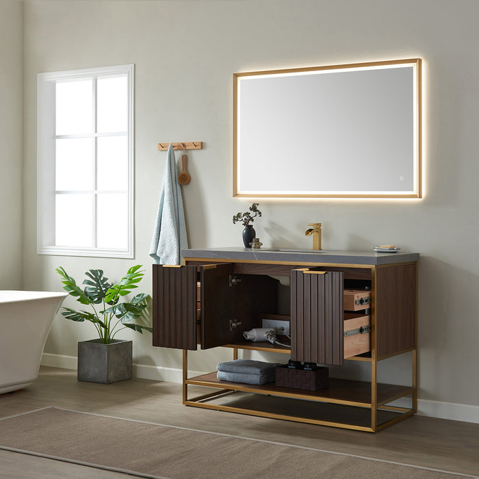 Vinnova Donostia 48" Vanity in Walnut with Grey Composite Armani limestone board stone countertop With Mirror  737048-NLW-ALB