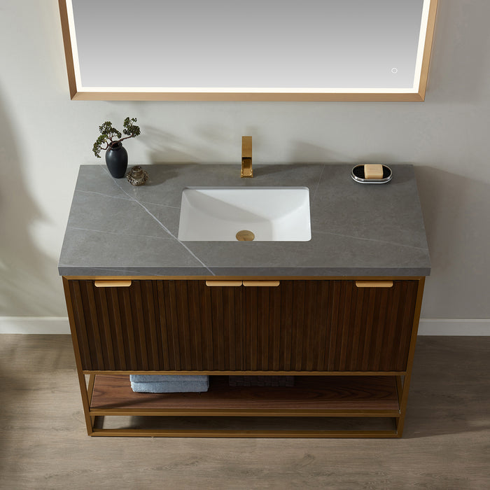 Vinnova Donostia 48" Vanity in Walnut with Grey Composite Armani limestone board stone countertop With Mirror  737048-NLW-ALB