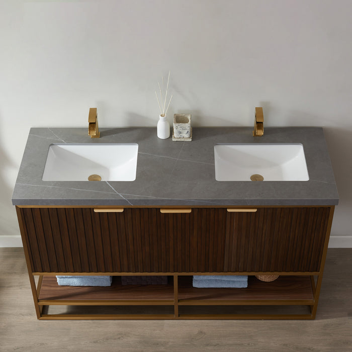 Vinnova Donostia 60" Vanity in Walnut with Grey Composite Armani limestone board stone countertop With Mirror  737060-NLW-ALB