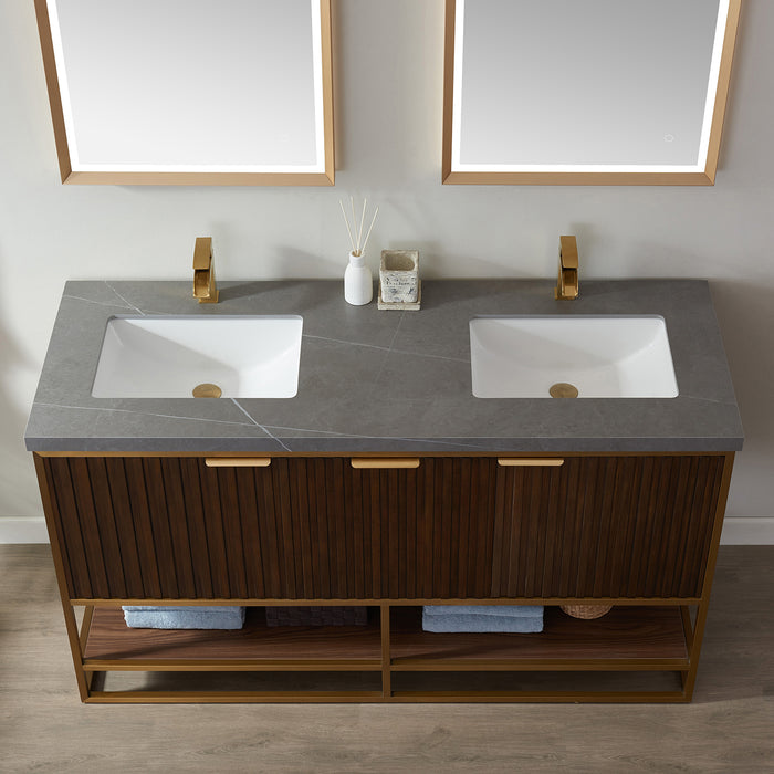 Vinnova Donostia 60" Vanity in Walnut with Grey Composite Armani limestone board stone countertop With Mirror  737060-NLW-ALB